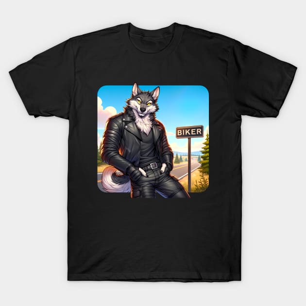 Leather Biker Wolf Anthro Furry Art T-Shirt by Blue Bull Bazaar